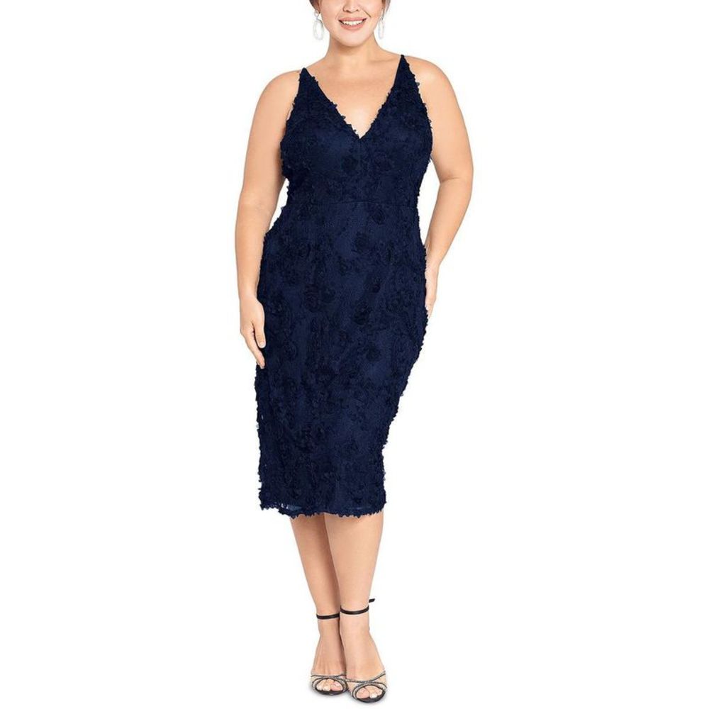 Xscape Womens Navy Lace Floral Evening Midi Dress NWOT